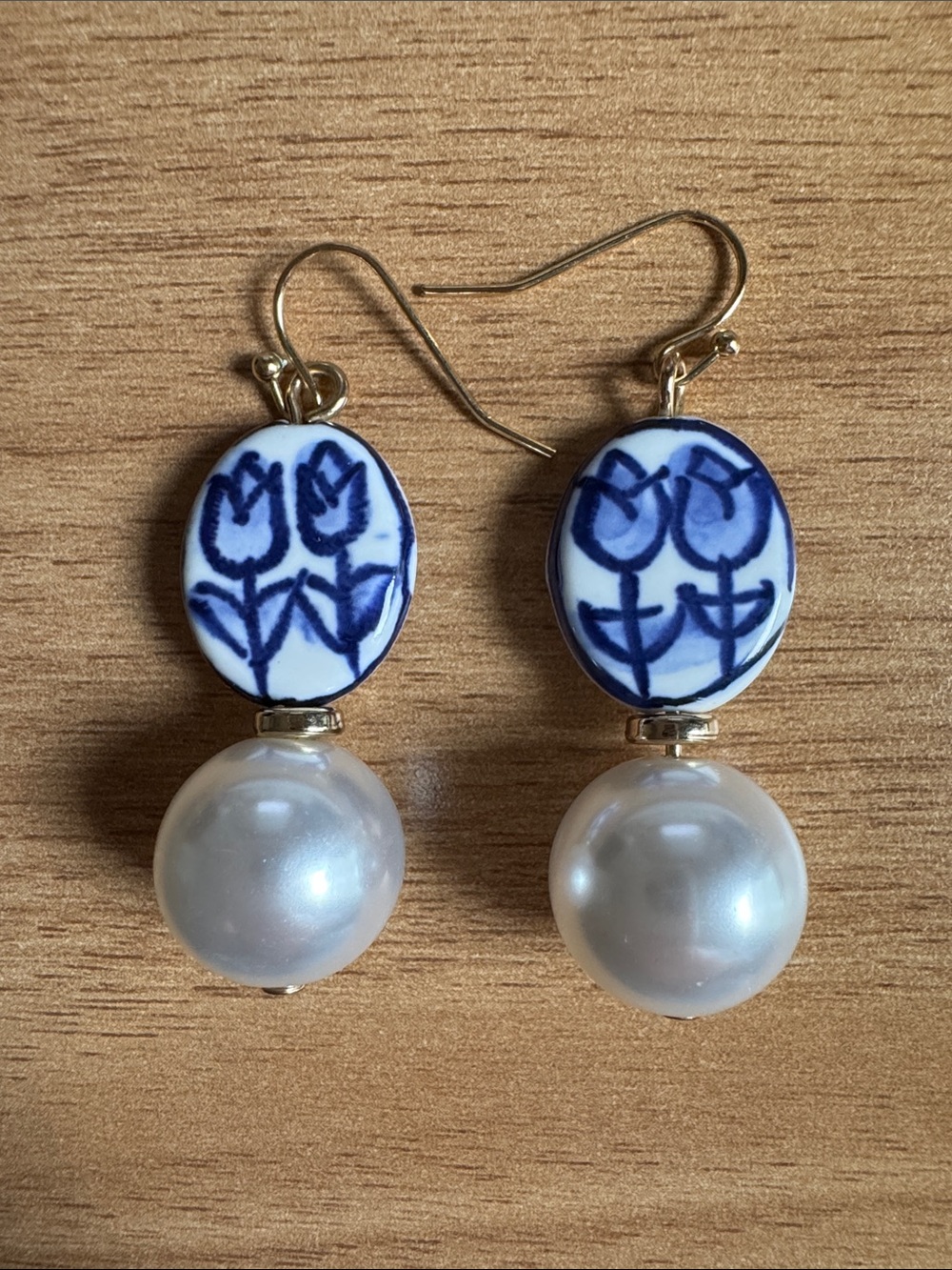 Blue & White Floral Porcelain Inspired Drop Earrings with Pearl